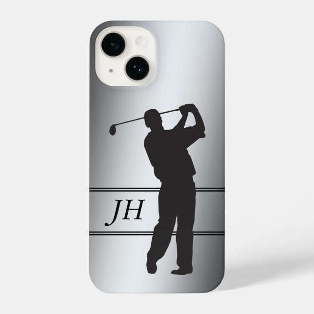 Golfer der schwarzen Silhouette auf Silver Monogra iPhone Hülle (Rückseite)