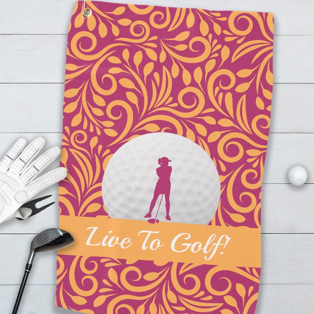 Golfer Feminine Lady Silhouette Pink Orange Girly Golfhandtuch (Live To Golf Lady Golfer Silhouette Pink Orange Golf Towel For Her)