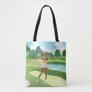 Golfer Frau Golfen auf grünem Gras blauer Himmel