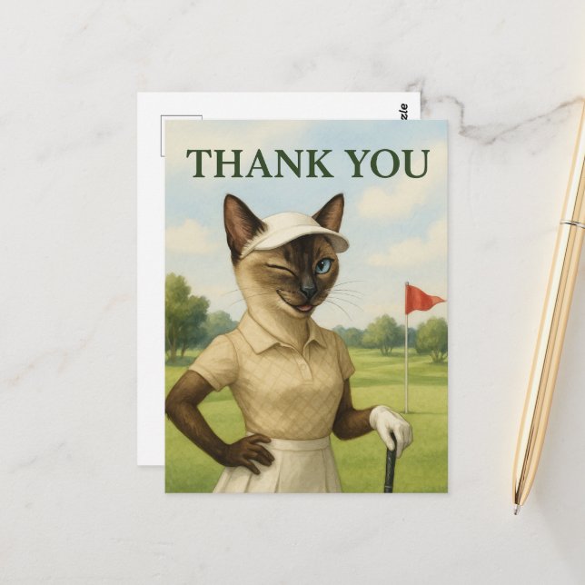 Golfer Frau im Golfplatz Danke Postkarte (Vorderseite/Rückseite Beispiel)