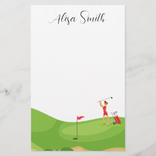 Golfer Frau ist auf dem Golfplatz auf grünem Gras Briefpapier