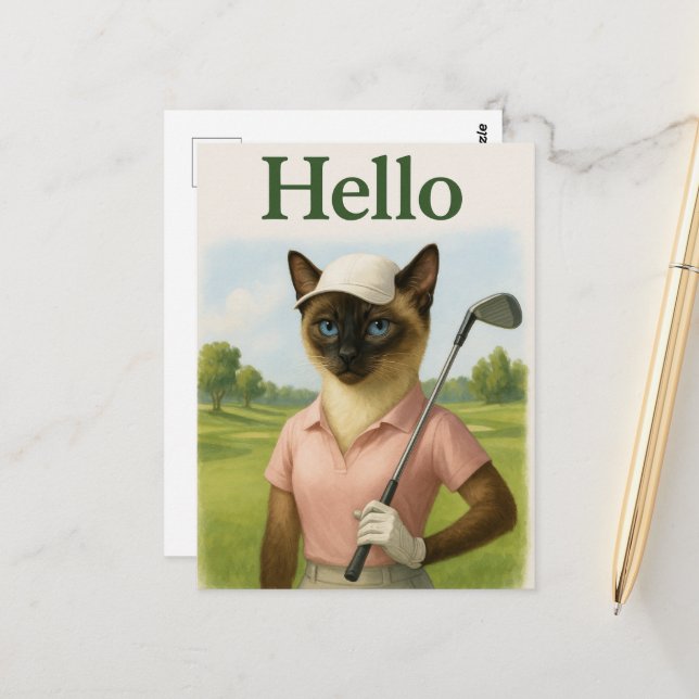 Golfer Frau mit Hallo Text auf Grün Postkarte (Vorderseite/Rückseite Beispiel)