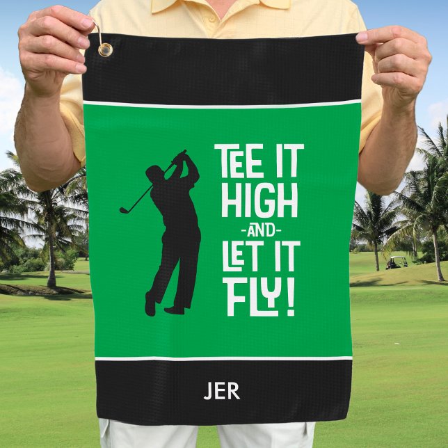 Golfer Golf Funny Sports Mit Monogramm Green Black Golfhandtuch (Golfer Golf Funny Sports Custom Monogrammed Initials Green Black Humurous Golf Towel For Him)