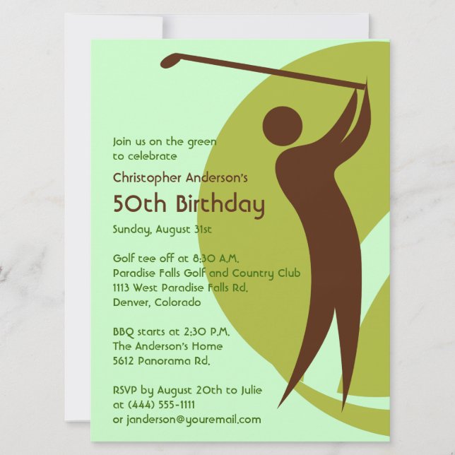 Golfer Golf Golfing Green Brown 50. Geburtstag Einladung (Vorderseite)