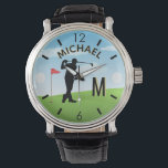 Golfer Golfplatz Individuelle Name 3-D Monogram Armbanduhr<br><div class="desc">Eine ganz eigene, einzigartige Golfliebhaberuhr - geschmackvoll erledigt - bereit zum Laufen - landschaftlich - Golfer in Aktion - und personalisieren Sie auch mit einem individuellen Zwei-Töne-Monogramm und ihrem Namen. Das ist ein großartiges Geschenk für alle Herren Golfliebhaber - Spaß / attraktiv / einzigartig. Wenn Sie Fragen zum Design oder...</div>