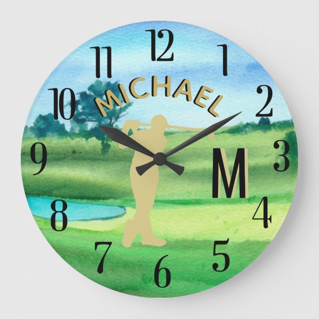 Golfer Golfplatz Individuelle Name 3-D Monogram Große Wanduhr (Vorderseite)