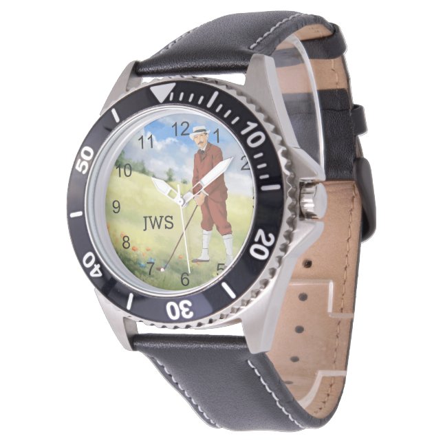 Golfer im mit Monogramm Vintagen Stil Armbanduhr (Schrägansicht)