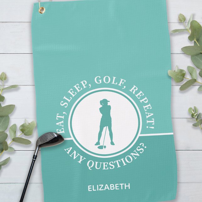 Golfer Lady Silhouette Sportlerin Aquamarin für si Golfhandtuch (Golfer Lady Silhouette Sports Girly Teal For Her Golf Towel)