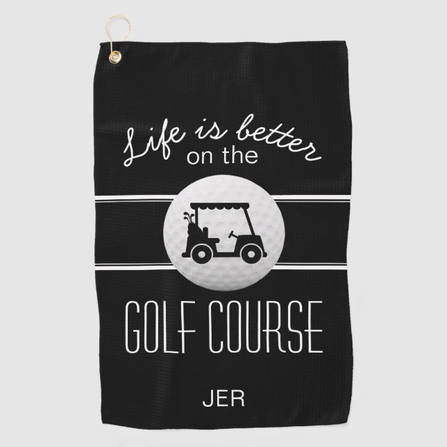 Golfer Life Golf Cart Initials Classic Schwarz-wei Golfhandtuch (Vorderseite)