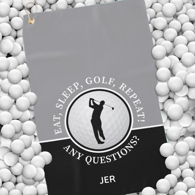 Golfer Male Silhouette Golf Ball Zitat Schwarz Gra Golfhandtuch (Funny Personalized Initials Golfing Quote Golfer Male Silhouette on Golf Ball Black Gray Golf Towel)