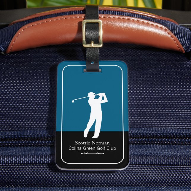 Golfer Mann mit Golfschläger Elegant Blau Gepäckanhänger (Vorderseite Insitu 2)