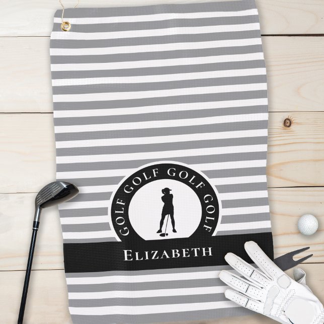 Golfer Name Weibliche Silhouette Grau Schwarz Mono Golfhandtuch (Golfer Name Female Silhouette Gray Black Monogram Golf Towel)
