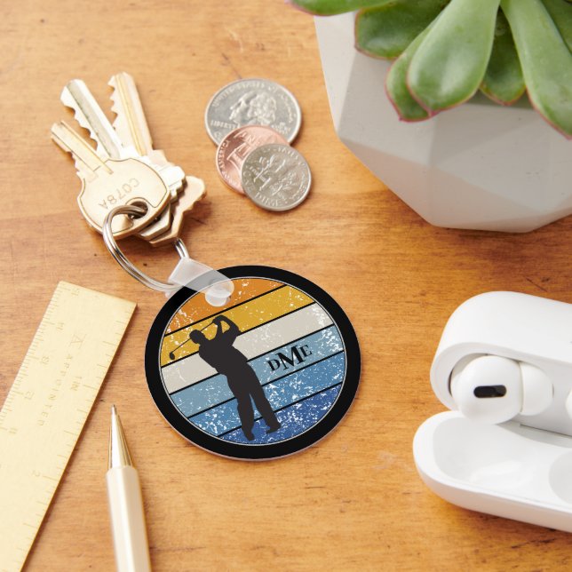 Golfer-Retro-Streifen der Monogramm-Silhouette Schlüsselanhänger (Schreibtisch)