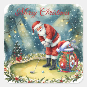 Golfer Santa Claus Golf Frohe Weihnachten Quadratischer Aufkleber