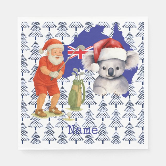 Golfer Santa mit Koala Bear auf Australischer Kart Serviette (Vorderseite)