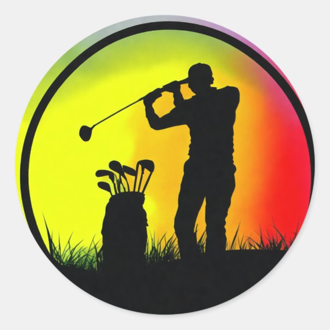 Golfer Silhouette Golf bei Sonnenuntergang Runder Aufkleber (Vorderseite)