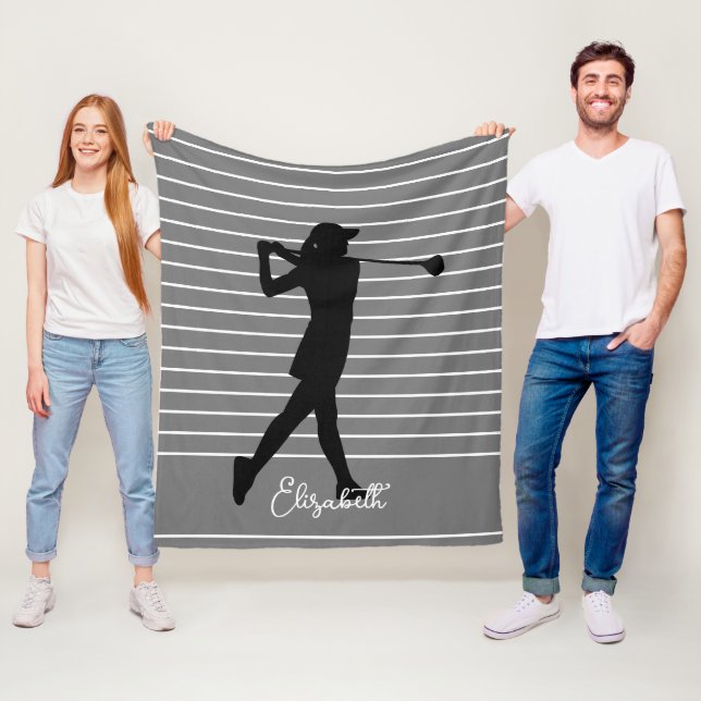 Golfer Silhouette Weibliche Monogramm Name Grau Sc Fleecedecke (Beispiel)