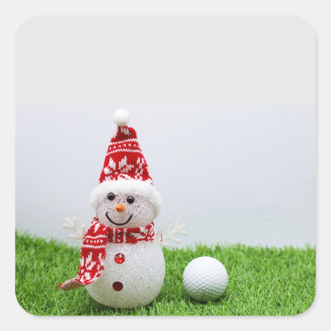 Golfer Snowman mit Golfball auf Weihnachten Urlaub Quadratischer Aufkleber (Vorderseite)