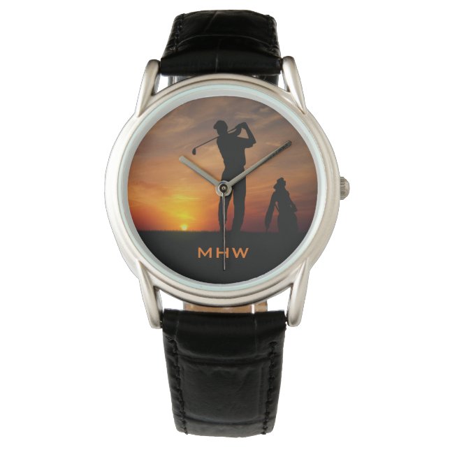Golfer Sunset benutzerdefinierte Monogramm-Uhren Armbanduhr (Vorderseite)