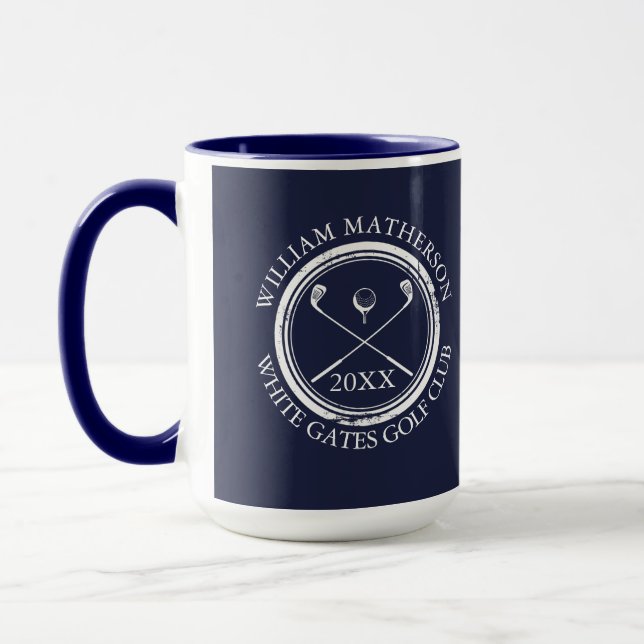 Golfer und Clubname Datum Navy Blue Tasse (Links)