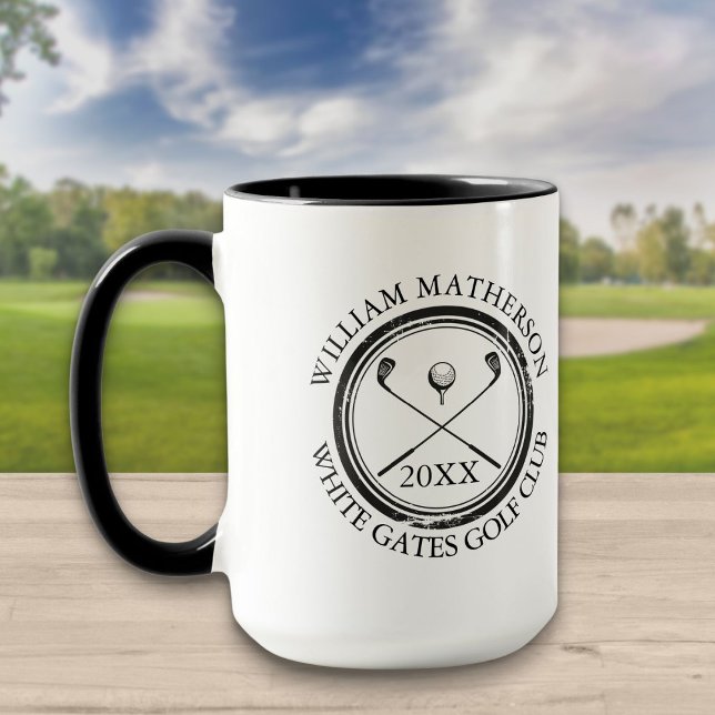 Golfer und Clubname, Datum Schwarz und Weiß Golf Tasse (Von Creator hochgeladen)