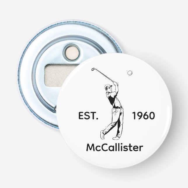 Golfer und Personalisierter Name und Jahr Flaschenöffner (Vorderseite)