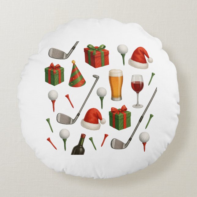 Golfer Weihnachts-Party zum Thema Golfer Champagne Rundes Kissen (Vorderseite)