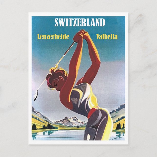 Golferin in der Schweiz, Lenzerheide, Valbella Postkarte (Vorderseite)