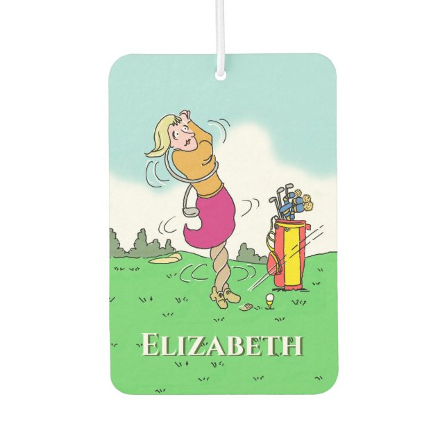 Golferin in einer Drehung. Personalisieren. Autolufterfrischer (Vorderseite)