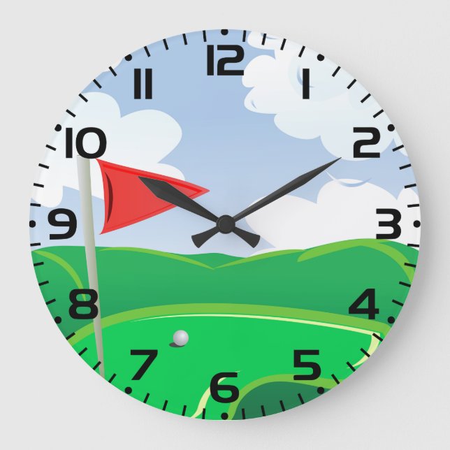 Golfgrün mit roter Flagge und Ball Große Wanduhr (Vorderseite)