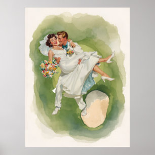 Golfhochzeit Braut & Bräutigam auf dem Golfplatz Poster