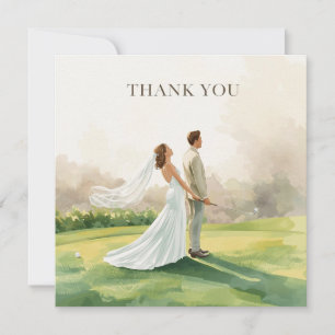 Golfhochzeit mit Braut und Bräutigam mit Text Dankeskarte