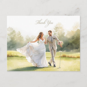 Golfhochzeit mit Braut und Bräutigam mit Text Postkarte