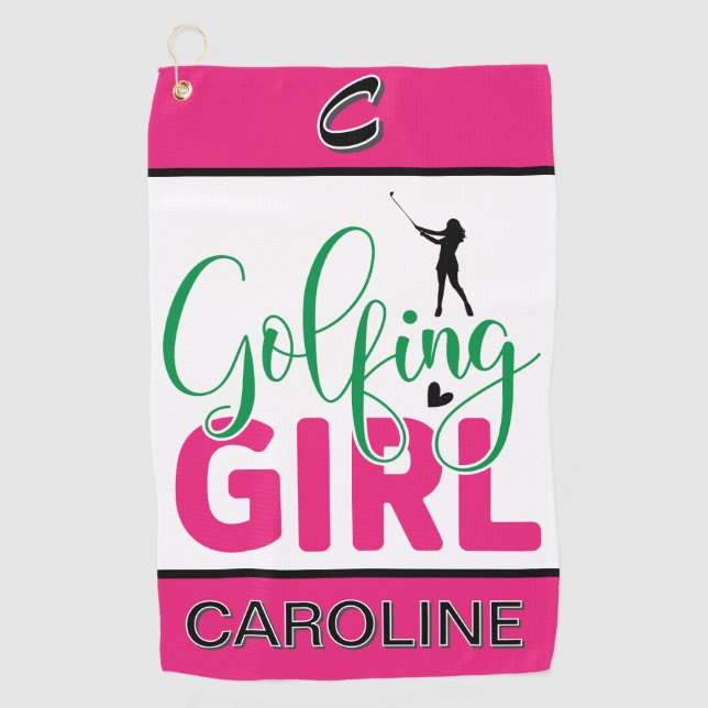 Golfing Girl individuell angepasst Golfhandtuch (Vorderseite)