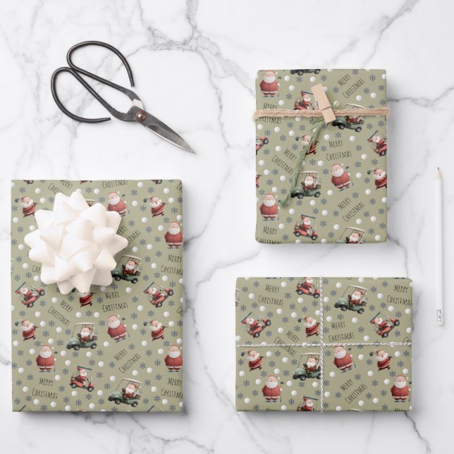 Golfing Santa on Khaki Brown Geschenkpapier Set (Vorderseite)