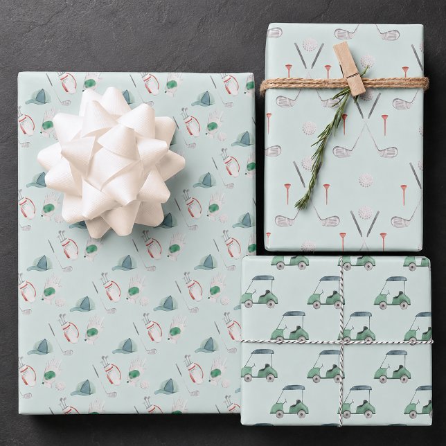 Golfklubs und Golf Cart Geschenkpapier Set (Golf Wrapping Paper)