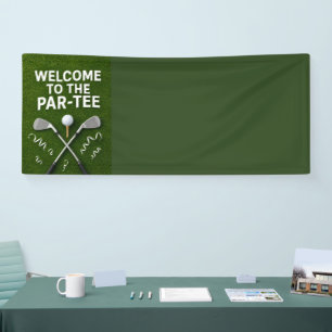 Golfparty mit Par Tee auf grünem Rasen Willkommen Banner