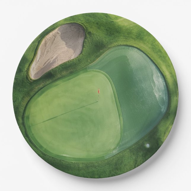 Golfplatz mit Bunker und Putting Green Pappteller (Vorderseite)