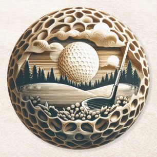 Golfplatz mit Klub und Ball Runder Pappuntersetzer