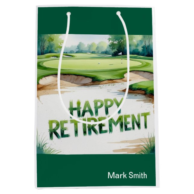 Golfplatz mit Text Happy Rente on green Mittlere Geschenktüte (Vorderseite)