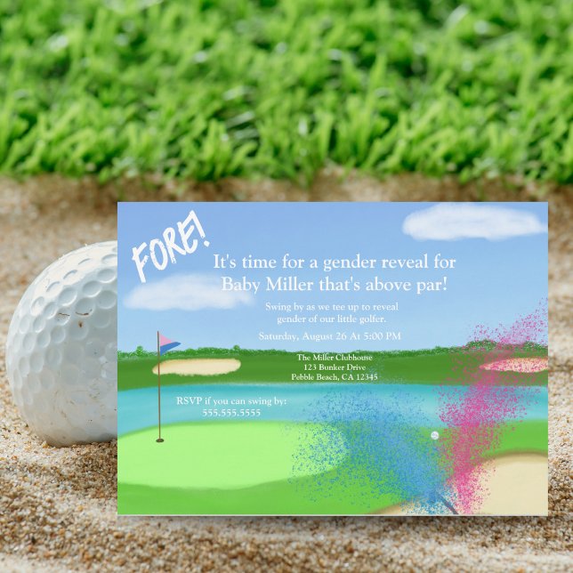 Golfplatz und Bunker Gender Reveal Baby Dusche Einladung (Tee off the Excitement! Swing into the perfect baby shower with our golfer-themed gender reveal!)