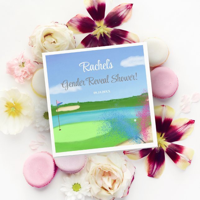 Golfplatz und Bunker Gender Reveal Baby Dusche Serviette (This festive and colorful napkin is a great addition to your party!)