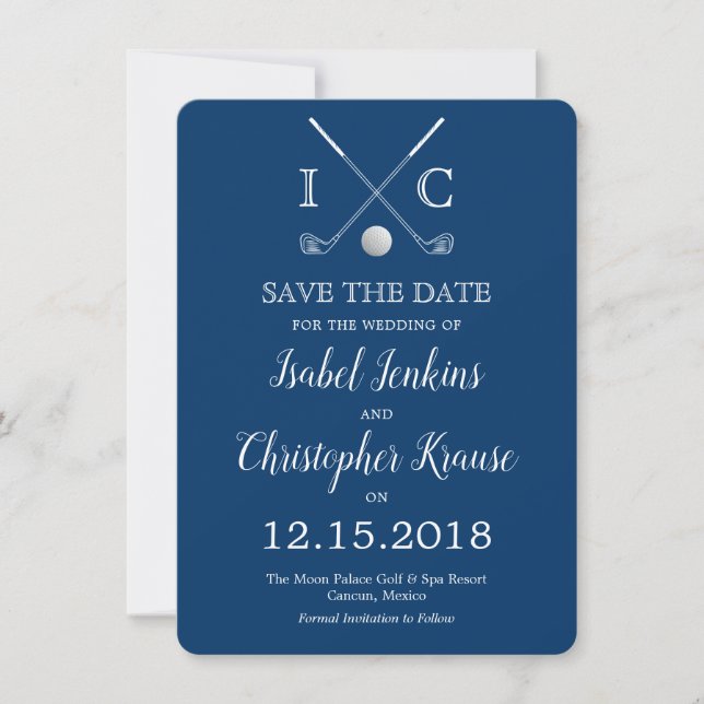 Golfschläger Blaues Monogramm Hochzeit Save the Da Date (Vorderseite)