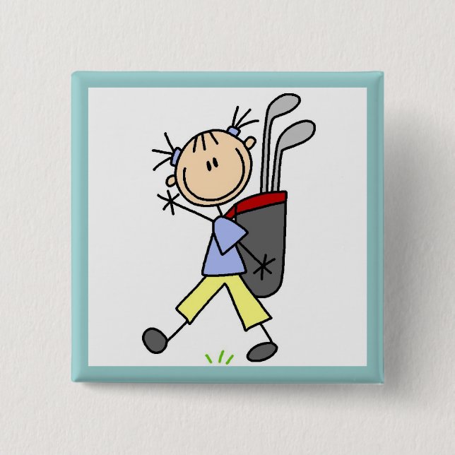 Golfspielendes Mädchen mit Tasche und Schlägern Button (Vorderseite)