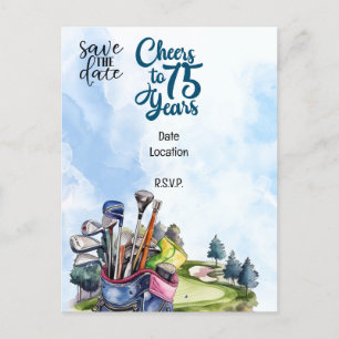 Golfspieler 75. Geburtstag mit Golfbag Save-the-Da Einladungspostkarte