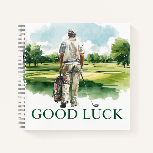 Golfspieler auf der Fairway mit dem Text Viel Glüc Notizbuch (Vorderseite)