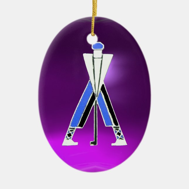 GOLFSPIELER, BLAUE GOLFER, LILA AMETHYST MONOGRAMM KERAMIKORNAMENT (Vorne)