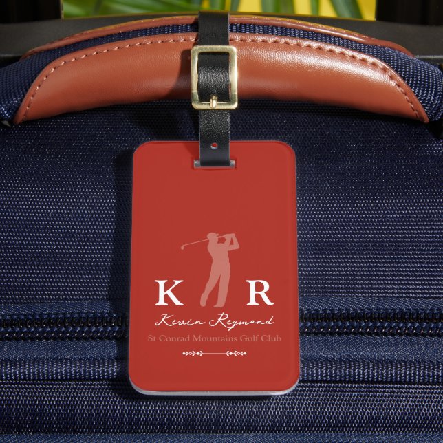 Golfspieler Cool Klassisch Monogramm Rot Gepäckanhänger (Vorderseite Insitu 2)