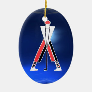 GOLFSPIELER, GOLFER RED RUBY, BLAUE SAPPHIRMONOGRA KERAMIKORNAMENT