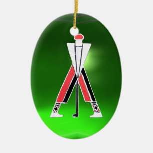 GOLFSPIELER, GOLFER RED RUBY, GREEN EMERALD MONOGR KERAMIKORNAMENT